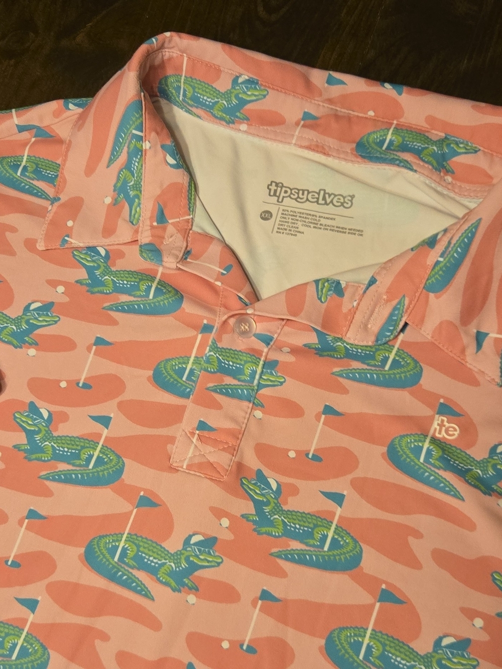 Tipsy Elves Coral Pink Polo with Green and Blue Alligator Golf Print